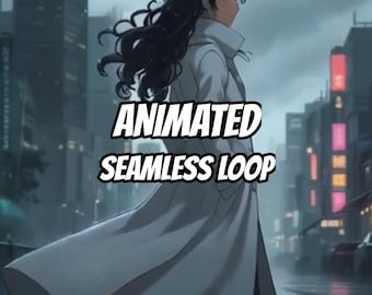 Solitary Anime Woman White Coat Rainy Urban Street Animated Background · 1080p MP4