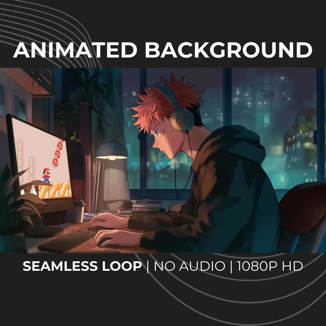 Anime Gamer Boy Animated Stream Background: Lo-fi Pixel Gaming Desk ...