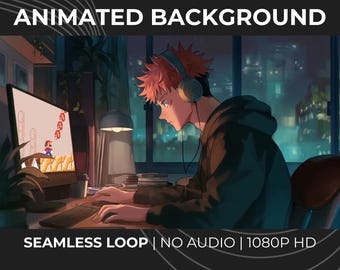 Anime Gamer Boy Animated Stream Background: Lo-fi Pixel Gaming Desk (Digital Download)