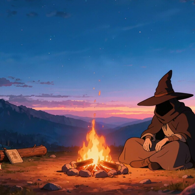 Mystic Wizard Campfire Under Twilight Sky Animated Background for Lofi Videos · 1080p MP4 image 2