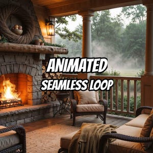 Cozy Tavern Fireplace Rainy Window Animated Background for Streaming · 4K + 1080p MP4