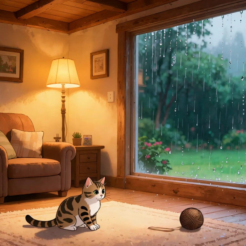 Rainy Living Room Cat Playing Live Wallpaper for Zoom Calls · 1080p MP4 image 2