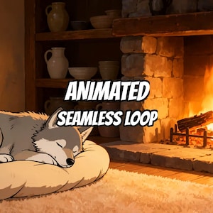 Gezellige live wallpaper met slapende wolf bij de open haard voor studiesessies · 1080p MP4 afbeelding 1