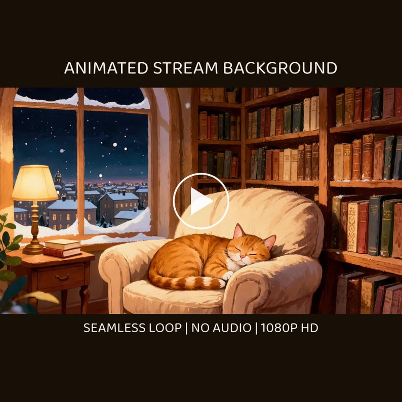 居心地の良い図書館の雪景色の窓のアニメーション壁紙（OBSストリーミング用） · 4K + 1080p MP4 画像 1