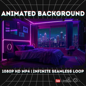 Vtuber, Neon City Rainy Bedroom Animated Background | 1080p HD Seamless Loop MP4 Download for OBS, Twitch, YouTube, vtuber