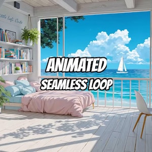 Fond animé de café cosy avec vue sur la plage pour vidéos lo-fi · 1080p MP4 image 1