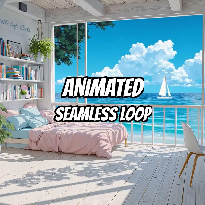 Fond animé de café cosy avec vue sur la plage pour vidéos lo-fi · 1080p MP4 image 1