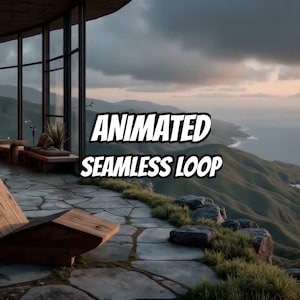 May include: A stone patio with a wooden lounge chair overlooks a coastal mountain range at dusk. The text "ANIMATED SEAMLESS LOOP" is centered in the foreground. Large glass windows frame the view, and the sky is filled with dark clouds.