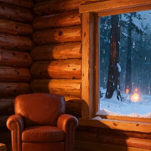 Cozy Log Cabin Fireplace Winter Window Video Background for OBS Streaming · 4K + 1080p MP4 image 2