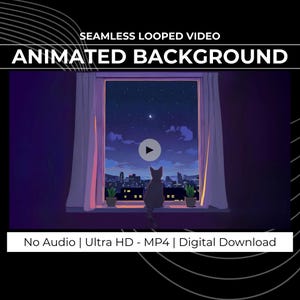 Puede incluir: Un fondo animado con la silueta de un gato mirando por una ventana una ciudad bajo un cielo estrellado. Cortinas blancas enmarcan la escena, con el texto "SEAMLESS LOOPED VIDEO ANIMATED BACKGROUND".