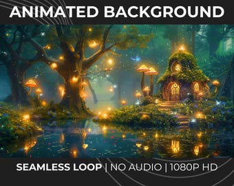 Animated Fairy Forest Stream Background: Glowing Mushroom House, VTuber Overlay (1080p Digital Download