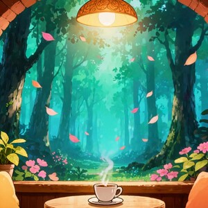 Fondo animado de ventana de bosque con acogedora cafetería para creadores de contenido · 4K + 4K + 1080p MP4 imagen 2