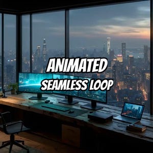 Puede incluir: Un espacio de trabajo con tres monitores de computadora y una laptop sobre un escritorio de madera, con el texto ANIMATED SEAMLESS LOOP superpuesto en el centro. El equipo está frente a una ventana grande con vista a la ciudad al atardecer.