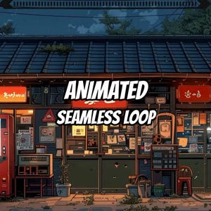 Puede incluir: Una ilustración digital de un escaparate de noche con un tejado de tejas oscuras, una máquina expendedora roja a la izquierda, varios carteles en el cristal y letreros rojos. El texto "ANIMATED SEAMLESS LOOP" está centrado en color blanco.