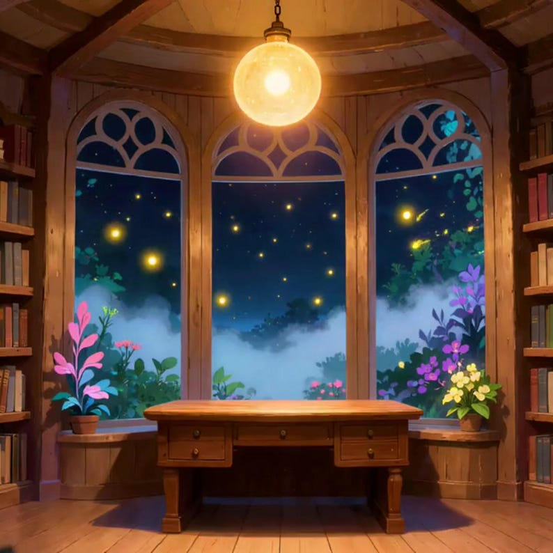 Fondo animado de la biblioteca Firefly, escena nocturna de ventana con flores brillantes para Twitch imagen 2