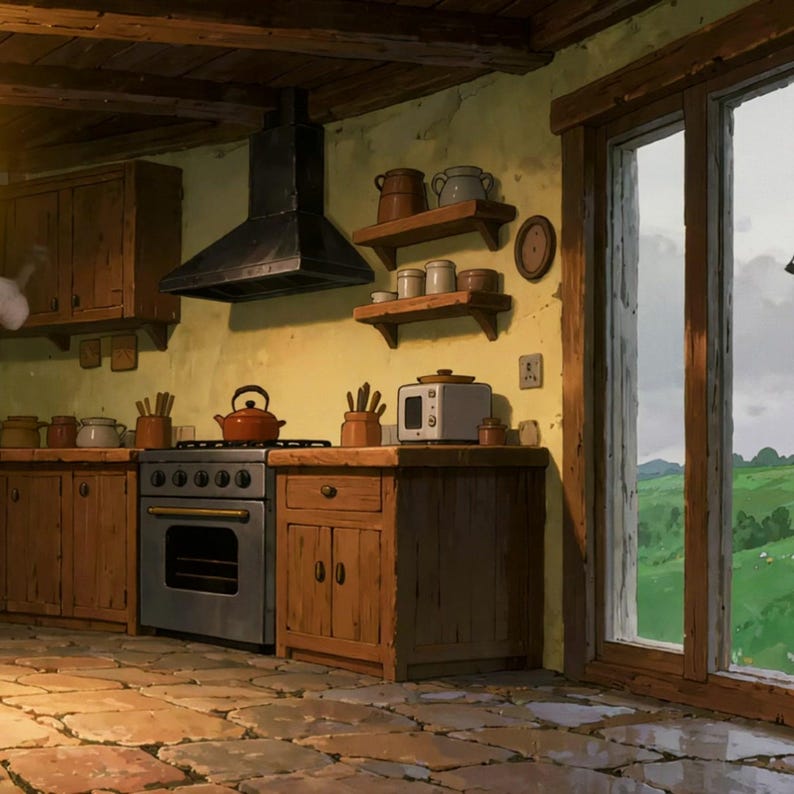 Accogliente cucina con vista sul mulino a vento - Sfondo animato per concentrazione e studio · 1080p MP4 immagine 2