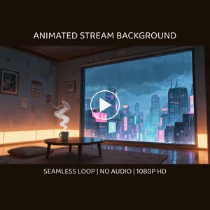 Mysigt rum med fönsterutsikt, regnig neonstad, animerad bakgrundsbild för OBS-streaming · 4K + 1080p MP4 bild 1
