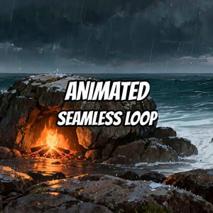 May include: A digital illustration of a campfire burning inside a dark, rocky coastal cave during a rainstorm. The bright orange flames contrast with the dark, wet rocks and the turbulent sea. The text ANIMATED SEAMLESS LOOP is centered.