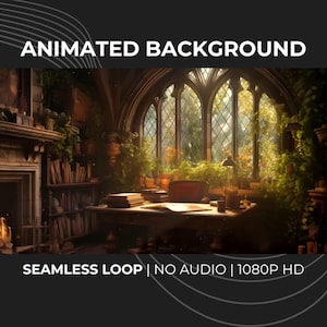 Könnte beinhalten: Animierter Hintergrund eines gemütlichen Arbeitszimmers mit einem großen Bogenfenster mit Blick auf einen üppigen Garten. Der Raum verfügt über einen Schreibtisch, Bücherregale und einen Kamin. Text auf dem Bild: ANIMATED BACKGROUND, SEAMLESS LOOP | NO AUDIO | 1080P HD.