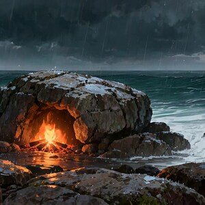 Sfondo animato per video Lofi: falò sulla costa tempestosa sotto la pioggia · 1080p MP4 immagine 2