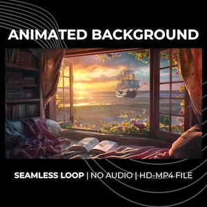 Cozy Window View Animated Background: Ocean Sunset Sailing Ship (MP4 Digital Download