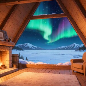 Accogliente baita a forma di A con aurora boreale - Sfondo animato per streaming · 1080p MP4 immagine 2