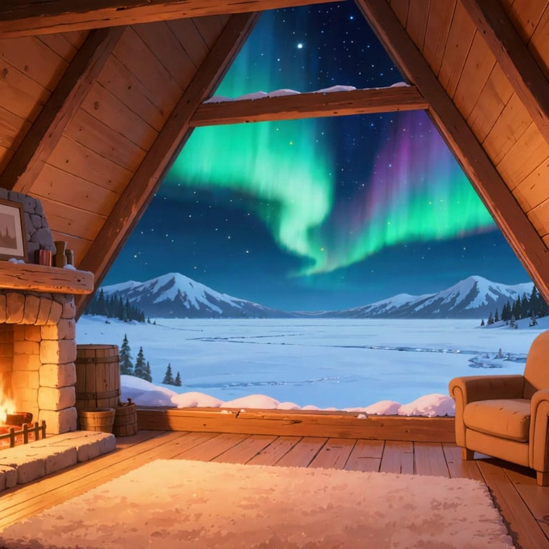 Accogliente baita a forma di A con aurora boreale - Sfondo animato per streaming · 1080p MP4 immagine 2