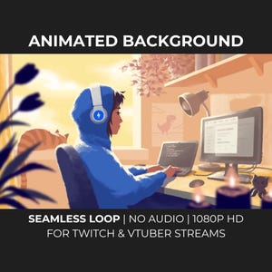 Op de afbeelding: Een geanimeerde digitale illustratie van een persoon in een blauwe hoodie met witte koptelefoon aan een bureau met een laptop en monitor. De tekst luidt ANIMATED BACKGROUND, SEAMLESS LOOP | NO AUDIO | 1080P HD FOR TWITCH & VTUBER STREAMS.
