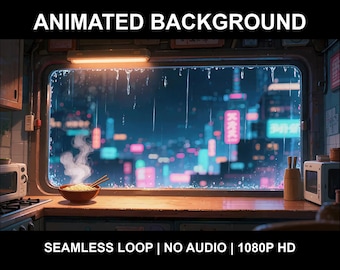 Rainy Cyberpunk Kitchen Window Animated Background for Lofi Videos · 1080p MP4