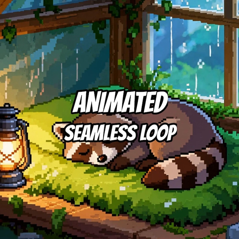 Cozy Raccoon Rainy Greenhouse Animated Background for Streaming · 1080p MP4 image 1