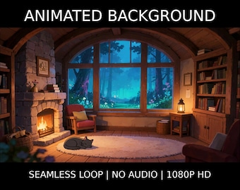 Cozy Fireplace Magic Forest Window Animated Background for Ambient Wallpaper · 1080p MP4