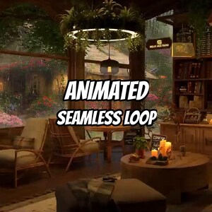 May include: An animated digital scene featuring a cozy indoor room with wooden furniture, including chairs and a round table. A hanging light fixture with greenery illuminates the space, while a bookshelf and candles add detail to the warm, ambient setting.
