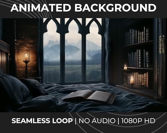 Regenachtige Dark Academia slaapkamer geanimeerde achtergrond voor streaming · 1080p MP4