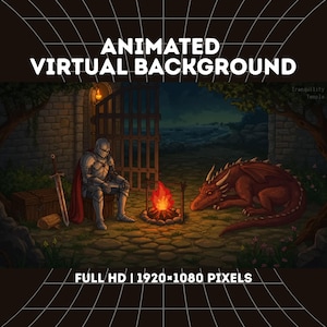 Puede incluir: Fondo virtual animado con temática medieval. Un caballero con armadura plateada está sentado cerca de una fogata, con un dragón rojo cerca. La escena incluye una pared de piedra, una puerta, una espada y el texto "FULL HD | 1920*1080 PIXELS."