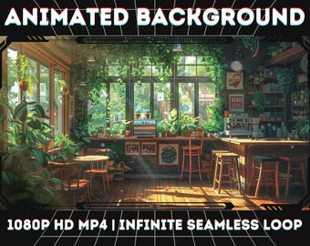 太陽の光が差し込むカフェのインテリアアニメーション配信背景 | 1080p HD シームレスループ MP4 デジタルダウンロード（OBS、Twitch、YouTube、vtuber用）