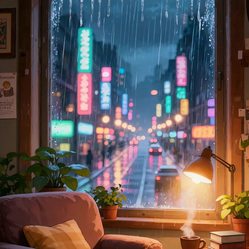 居心地の良い雨の降る街の窓のアニメーション背景（ストリーミング用） · 1080p MP4 画像 2