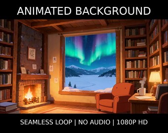 Cozy Cabin Window Northern Lights Animated Background for Lofi Video · 1080p MP4