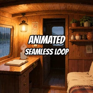 May include: A wooden interior room featuring a desk with an open book and a steaming mug, a hanging lantern, and shelves holding potted plants and ceramic jars. The text "ANIMATED SEAMLESS LOOP" is centered over the view of a rainy window.