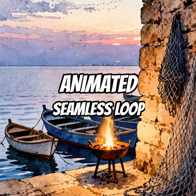 Gemütlicher Sonnenuntergang: Animierter Hintergrund mit Feuerstelle für Lofi-Videos · 1080p MP4 Bild 1