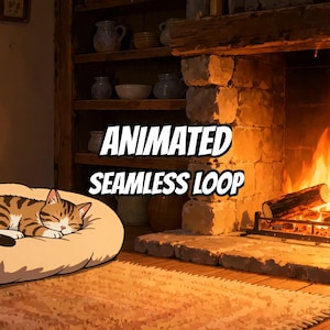Fondo de pantalla animado "Acogedora chimenea, siesta de gato" para podcasts · MP4 1080p imagen 1