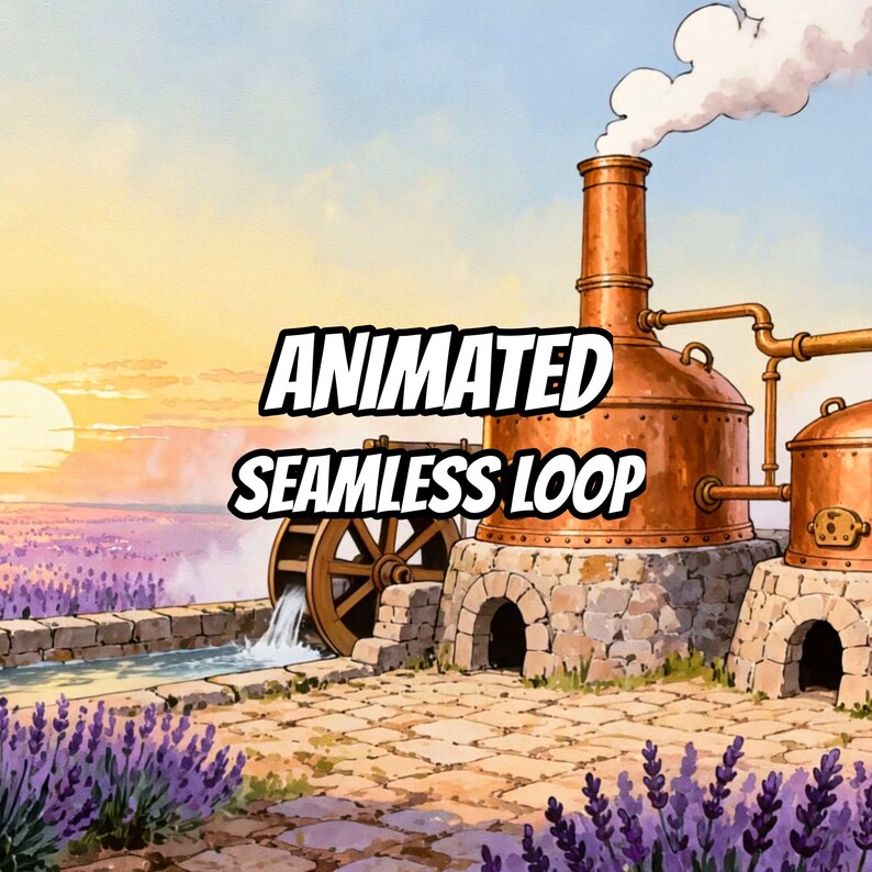 Fondo animado de la destilería Lavender Field al atardecer para streaming · 1080p MP4 imagen 1