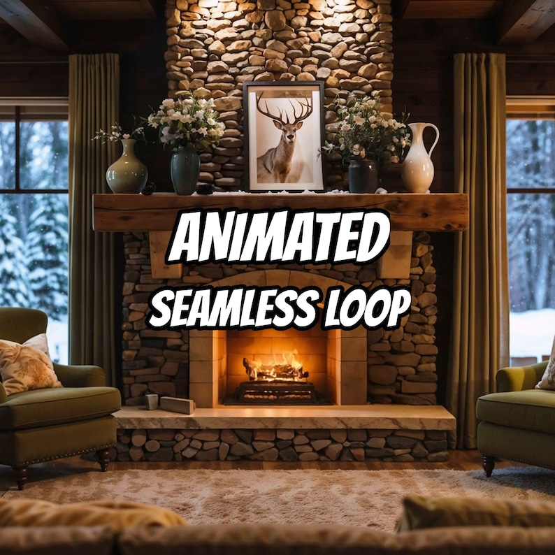 Fond animé chaleureux avec cheminée et vue sur la forêt pour vidéos Lofi · 1080p MP4 image 1