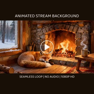 Sfondo animato con camino in una baita invernale con volpe addormentata per streaming · 4K + 1080p MP4 immagine 1