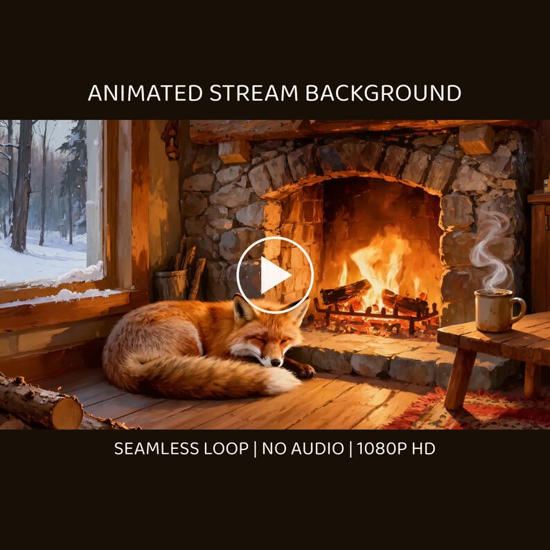 Sfondo animato con camino in una baita invernale con volpe addormentata per streaming · 4K + 1080p MP4 immagine 1