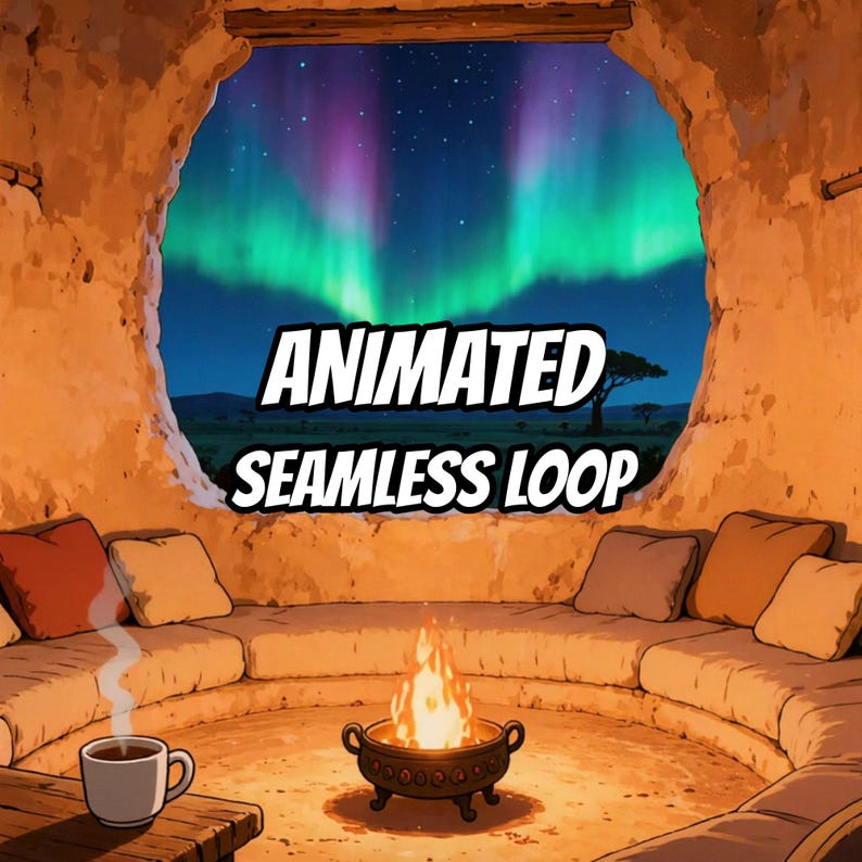 居心地の良いアフリカの小屋とオーロラのキャンプファイヤーのアニメーション背景（VTuber配信用） · 1080p MP4 画像 1