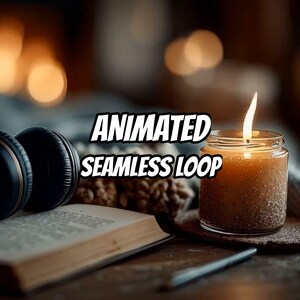 May include: A lit candle in a glass jar, a pair of black headphones, an open book, and a pen. The text "ANIMATED SEAMLESS LOOP" is centered in the image. The candle wax is amber-colored, and the flame is bright white and yellow.
