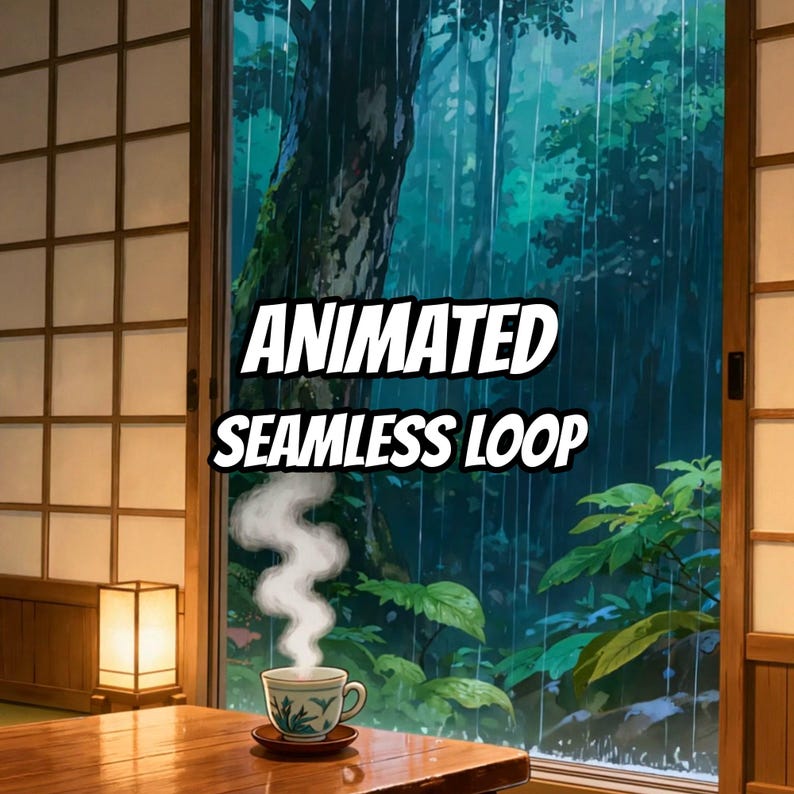Animerad bakgrund med mysig, regnig japansk skogsutsikt för VTubers · 1080p MP4 bild 1