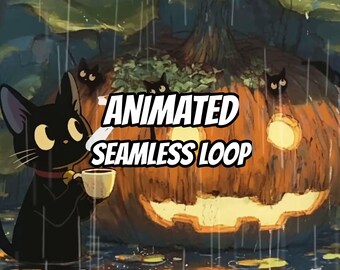 Cozy Rainy Pumpkin Patch Black Cat Animated Background for Lofi · 4K + 1080p MP4