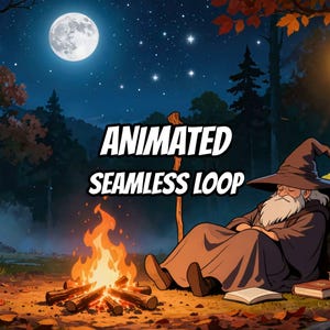 Könnte beinhalten: Eine Illustration eines Zauberers mit langem weißen Bart und spitzem Hut, der nachts an einem Lagerfeuer ruht. Die Szene zeigt einen Vollmond, einen Sternenhimmel, einen Holzstab und offene Bücher. Der Text ANIMATED SEAMLESS LOOP ist zentriert.