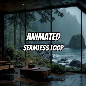 Könnte beinhalten: Eine digitale Anzeige mit dem Text ANIMATED SEAMLESS LOOP über einer nebligen Küstenlandschaft mit dunklen Felsen, Bäumen und Wasser, gesehen durch große, bodentiefe Fenster aus einem Raum mit einem Holztisch und einem Stuhl.